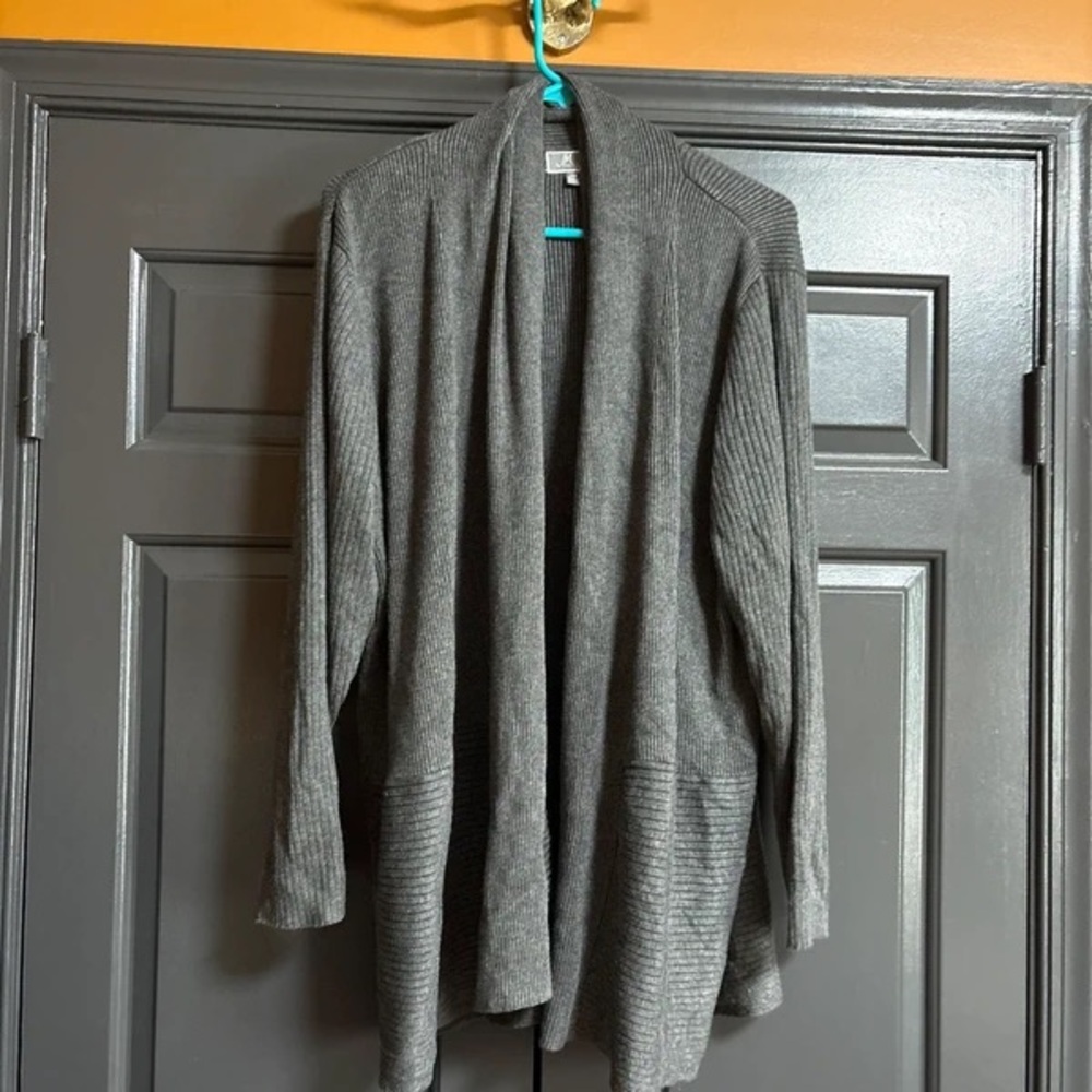 JM Collection Gray Open-Front Ribbed Cardigan